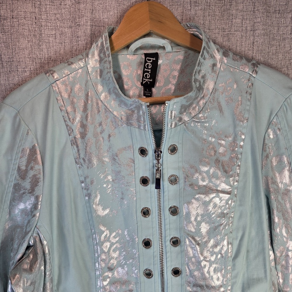 Berek Blue Metallic Iridescent Retro Women's Moto Jacket Large Shiny Street Wear